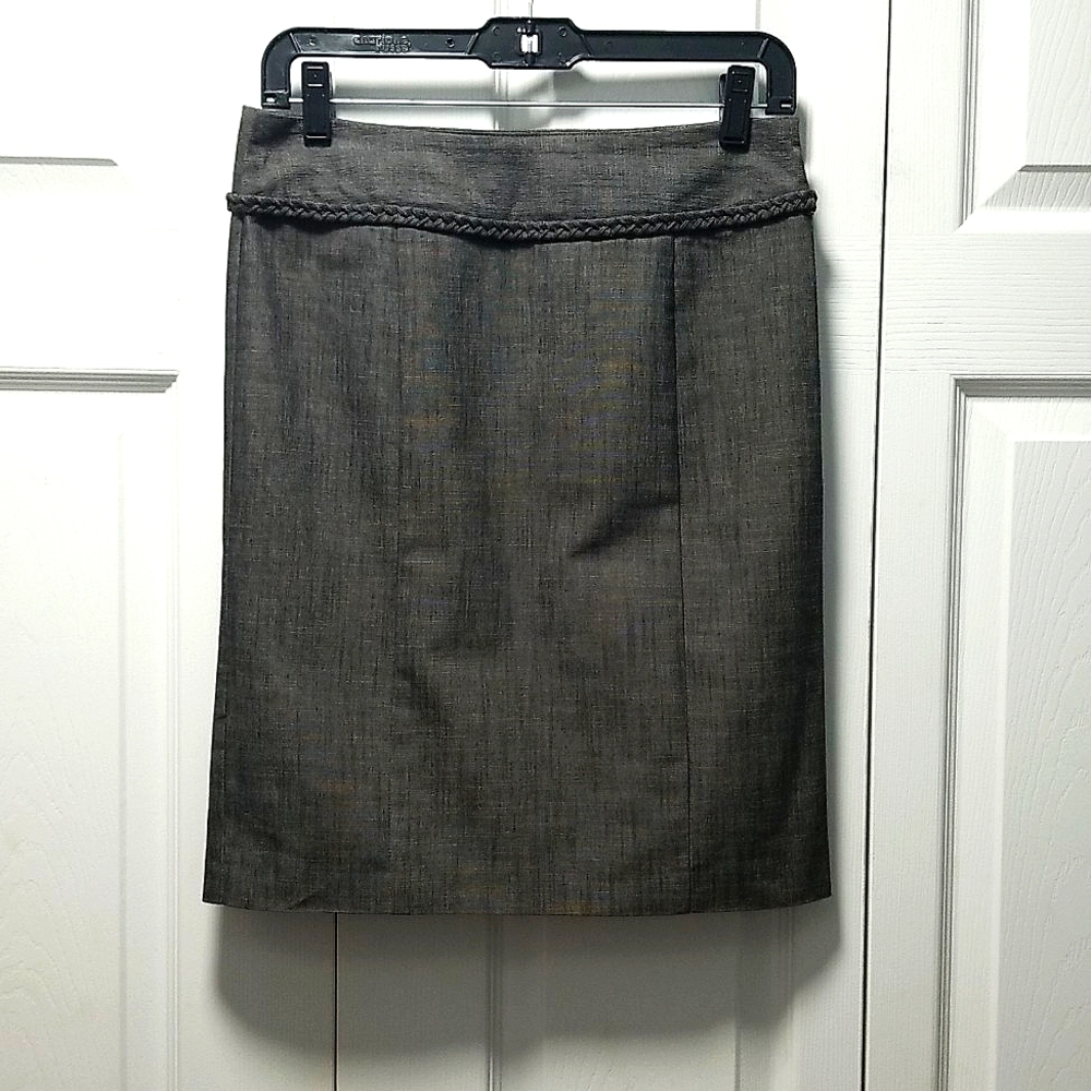 Speak 2ME, Pencil Skirt Charcoal grey braided waistband accent Kick pleat back